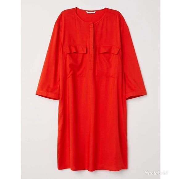 H&M Shirt Dress Orange Red Lightweight Tunic with Chest Pockets - Picture 1 of 6